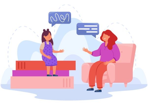 Speech language pathologist  flat vector illustration. Happy female specialist helping girl overcome articulation problems. Basic language skills, speech therapy, medicine concept